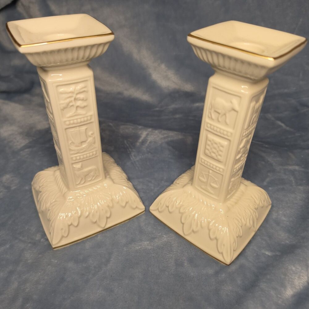 Set of (2) Lenox Judaic Sabbath Candlesticks w/ 22K Gold Trim - 12 Tribes